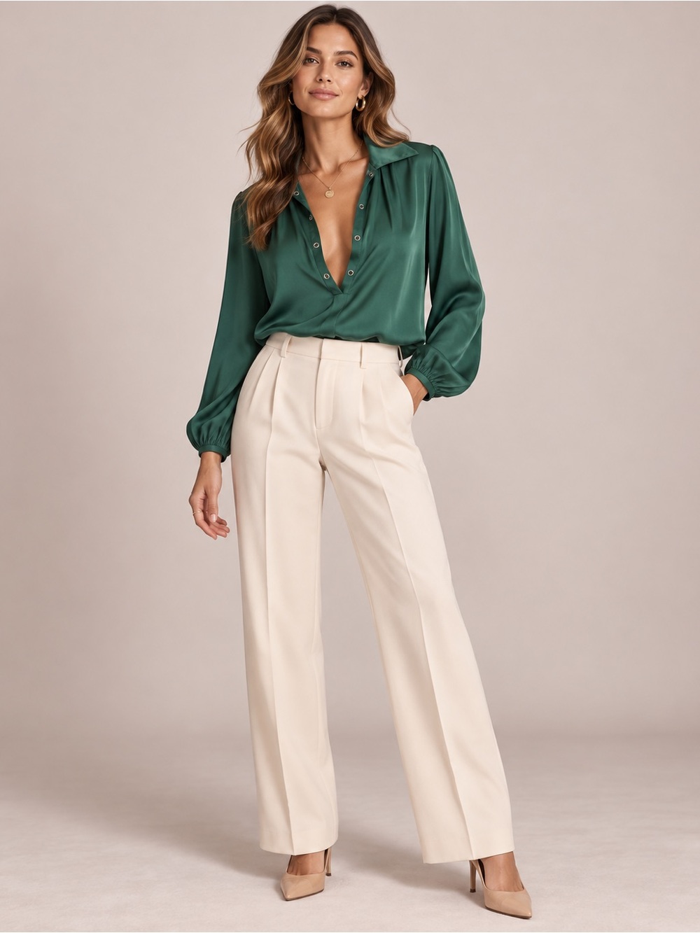 FRAME Forest Green 100% Silk Blouse Ruffle Neck Grommet Detail Long Sleeve Top